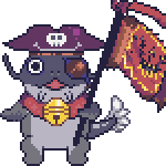 An animated image of a namazu from the MMORPG FFXIV in a pirate hat waving a maelstrom flag